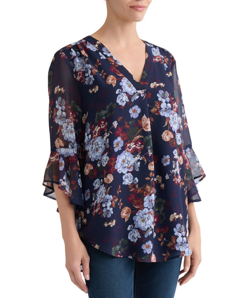 Petite V-Neck Printed-Flutter-Sleeve Top