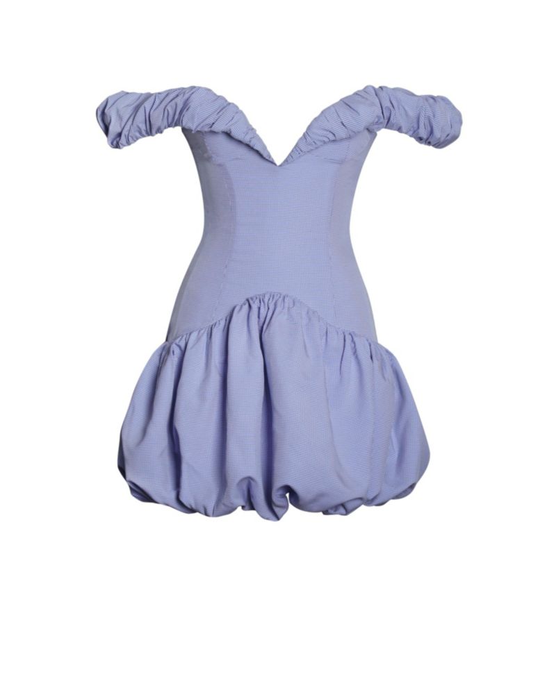 Women Sablee Checkered Puffy Off Shoulder Trim Bubble Hem Mini Dress