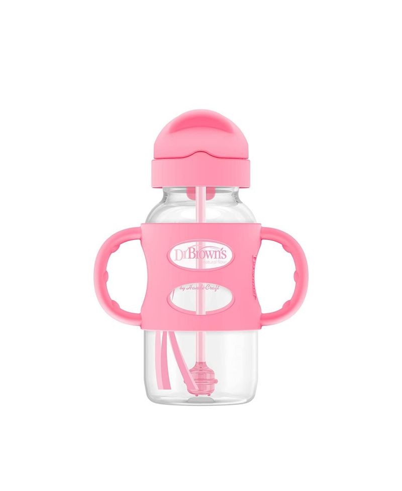 Baby Wide-Neck Sippy Straw Bottle with 100% Silicone Handles, 9oz, Pink