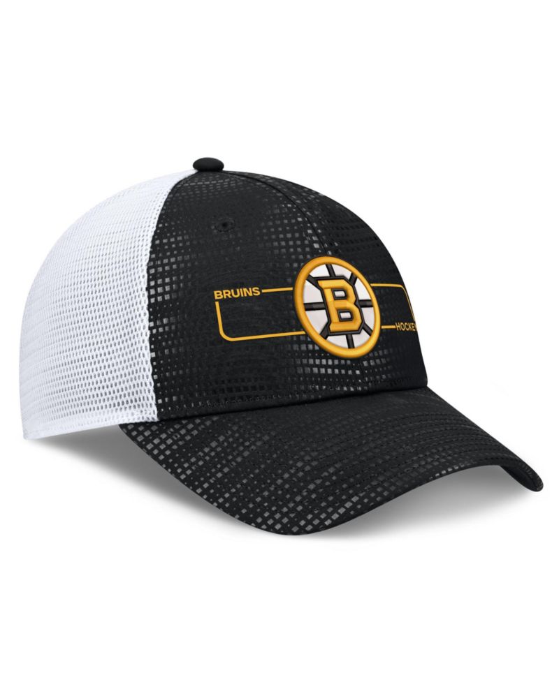 Men's Black Boston Bruins Authentic Pro Rink Boxed Logo Trucker Hat