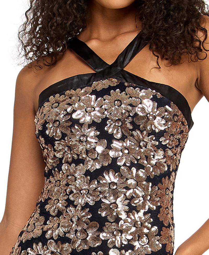 Juniors' Sequin Floral V-Neck Mini Dress