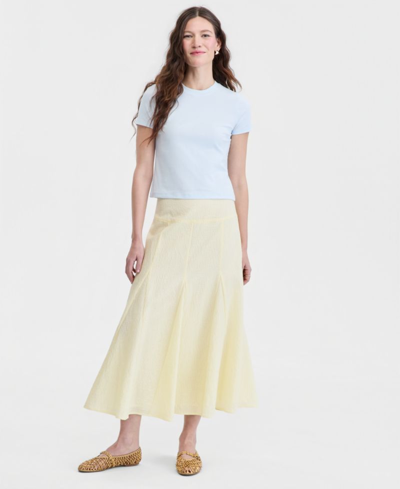 Women's Drop-waist Seersucker Godet Midi Skirt