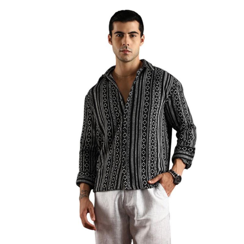 Men's Onyx Black Folk-Weave Shirt