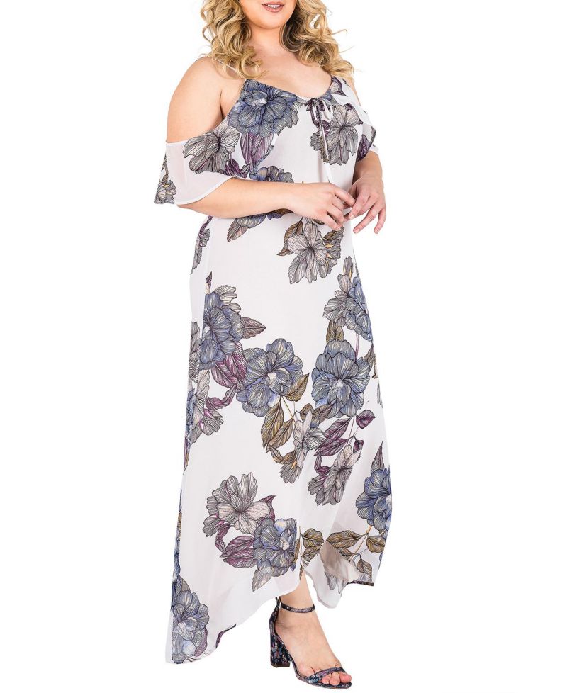 Plus Size Floral Chiffon Cold Shoulder Ruffle Dress