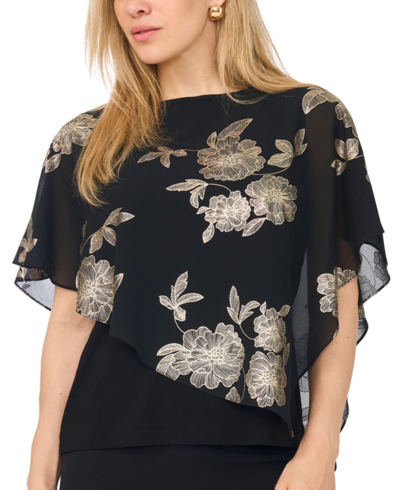 Petite Combo Overlay Asymmetrical Floral-Metallic Top
