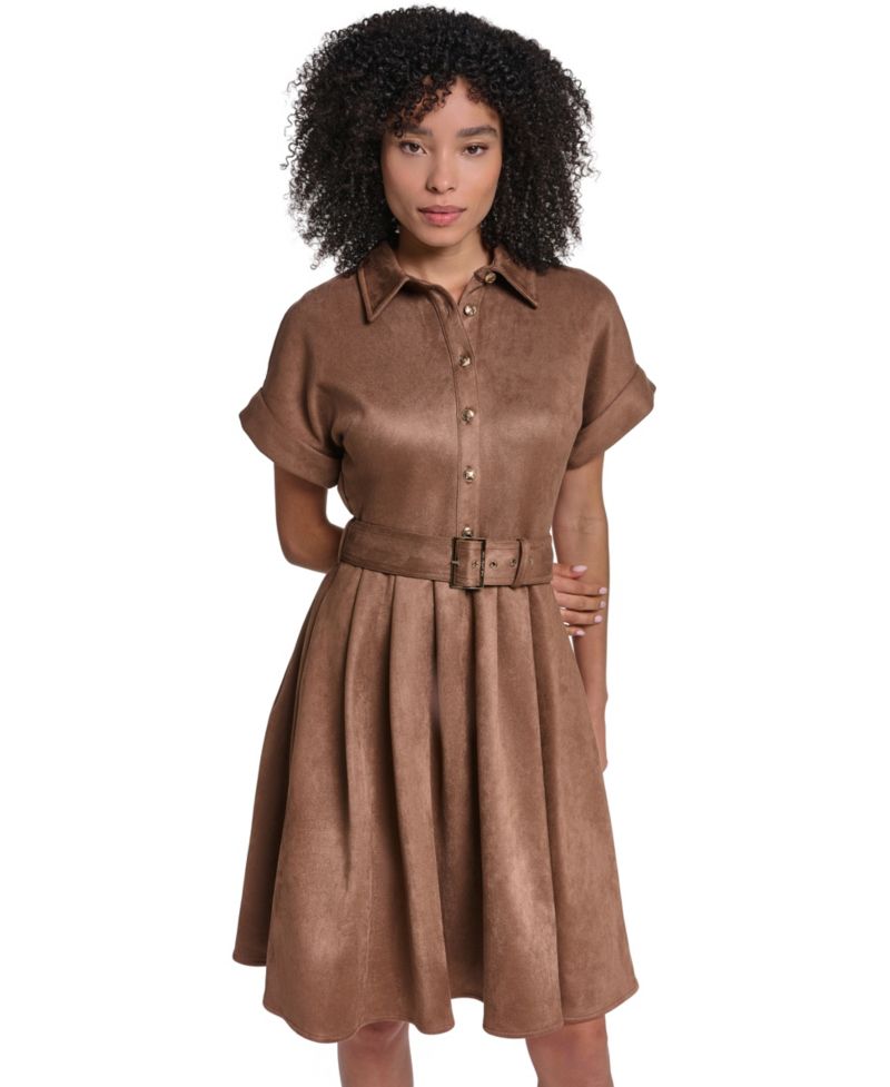 Women's Faux Suede Belted Shirtdress