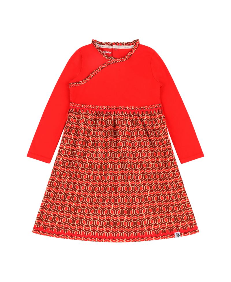 Little Girls Long Sleeve Ruffle Trim Dress - Red Multicolor