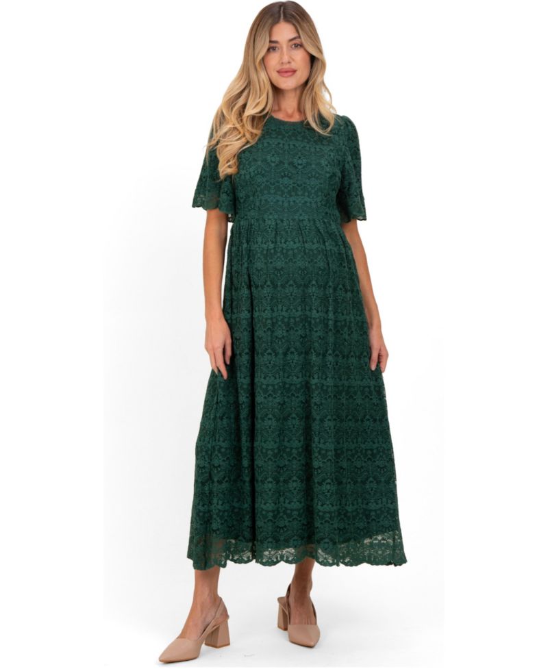Maternity Floral Flutter-Sleeve Midi Lace Dress
