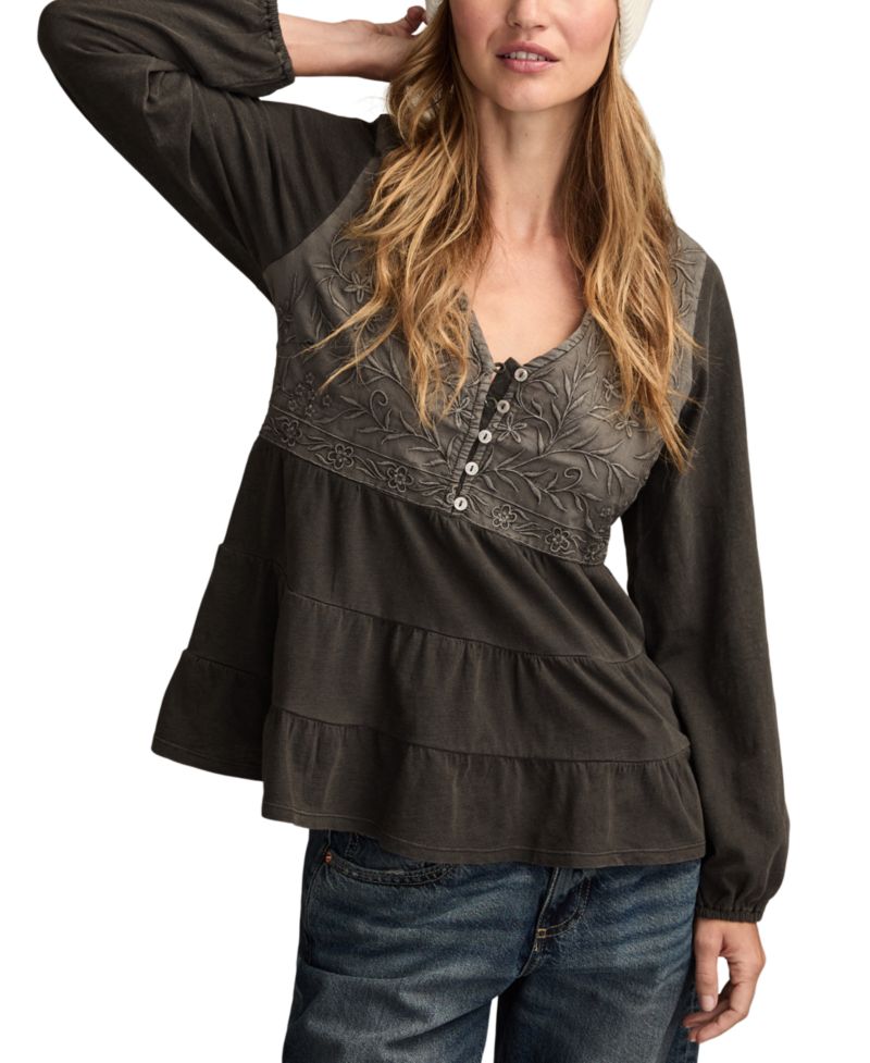 Women's Embroidered Yoke Tiered Long-Sleeve Top