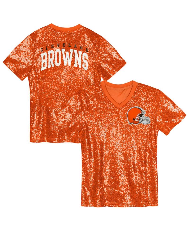 Big Girls Orange Cleveland Browns Wordmark Sequin V-Neck Top