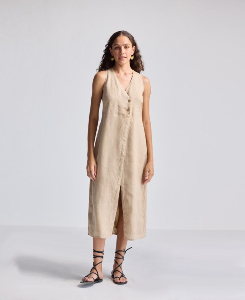 Women's Straight Dress with Front Slit in Neutral Beige Hemp