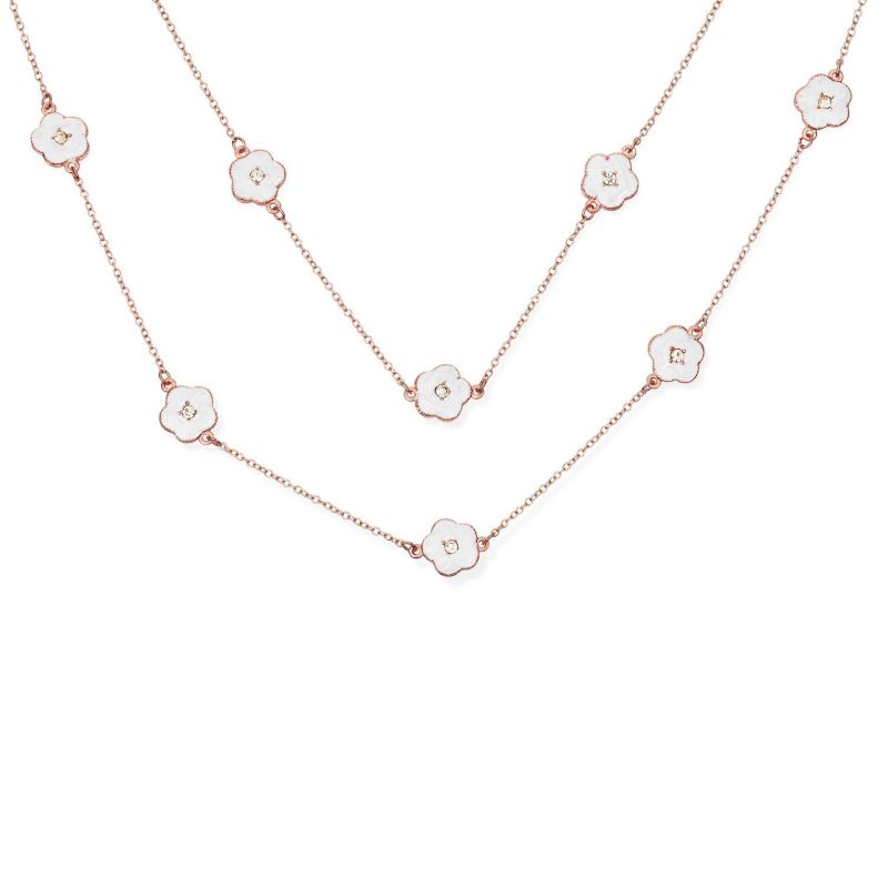 Long Crystal Enamel Rose Flower Double Wrap Clover Necklace Gold Tone 36"