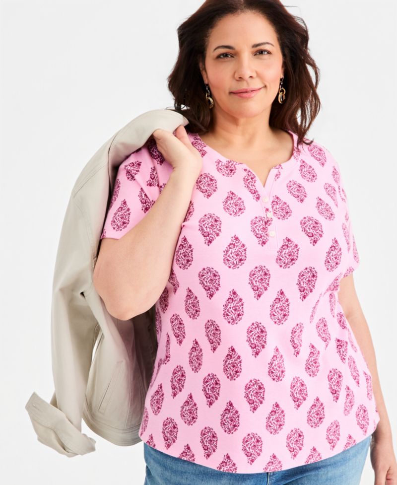 Plus Size Printed Short-Sleeve Henley Top