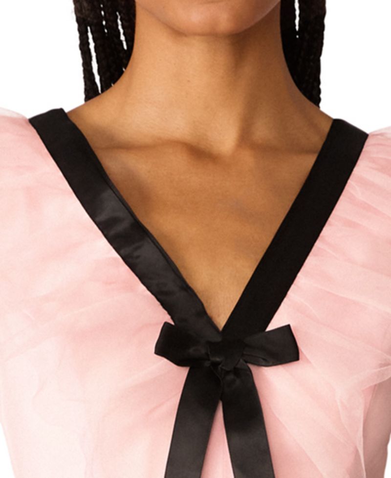 x Paris Hilton Juniors' Cascading Tulle Contrast Bow V-Neck Maxi Dress