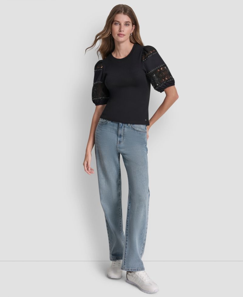 Petite Crew Neck Lace Eyelet Pull-On Top