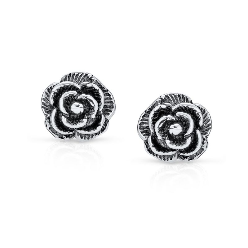 Retro Vintage Floral Black Rose Stud Earrings Oxidized Sterling Silver 8MM