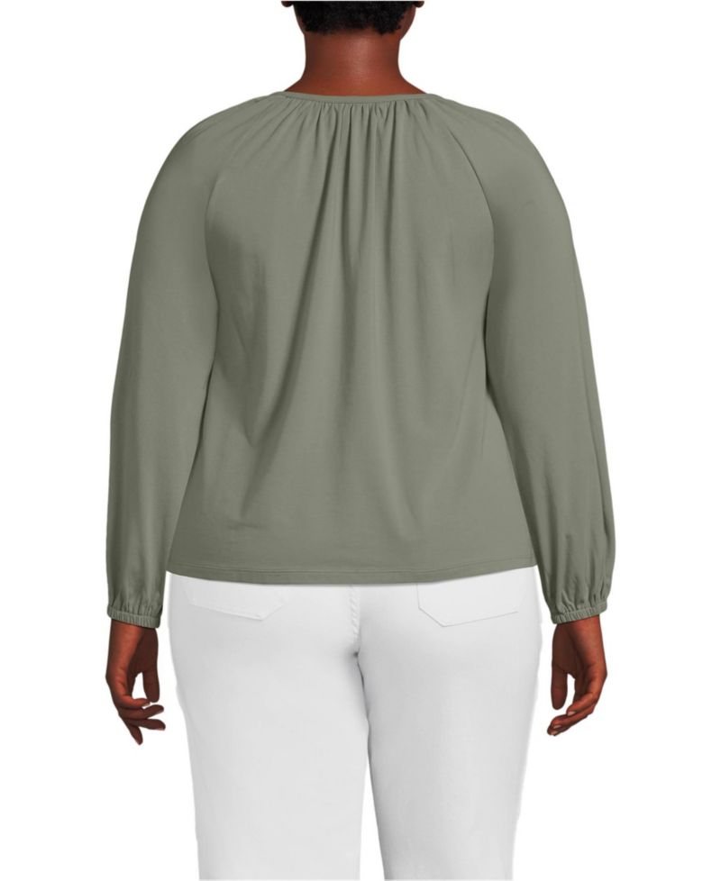 Plus Size Lightweight Jersey 3/4 Sleeve Notch Neck Gather Blouse