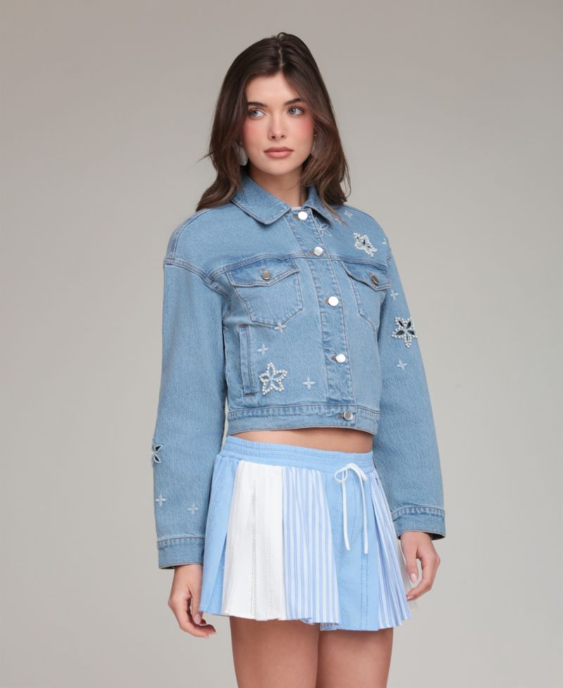 Women's Embroidered Detail Collared Denim Jacket