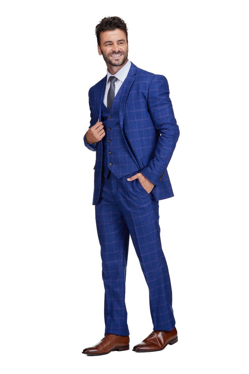 Men's 3-Piece Windowpane Plaid Slim Fit Suit