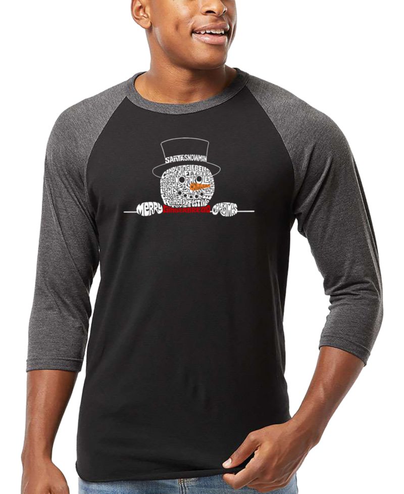 Men's Peeking Snowman Christmas Word Art Raglan-Sleeve T-Shirt