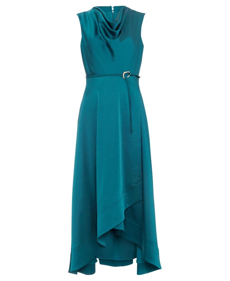 Women's Cowl Neck Belted Midi Dress