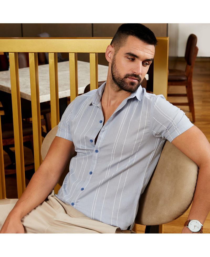 Men's Icy Blue Unbalanced Striped Shirt
