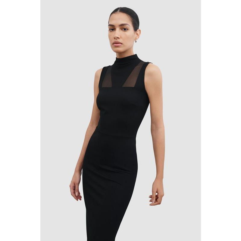Women's Amelia Mesh-Cutout High-Neck Back-Slit Fitted Evening Midi Dress