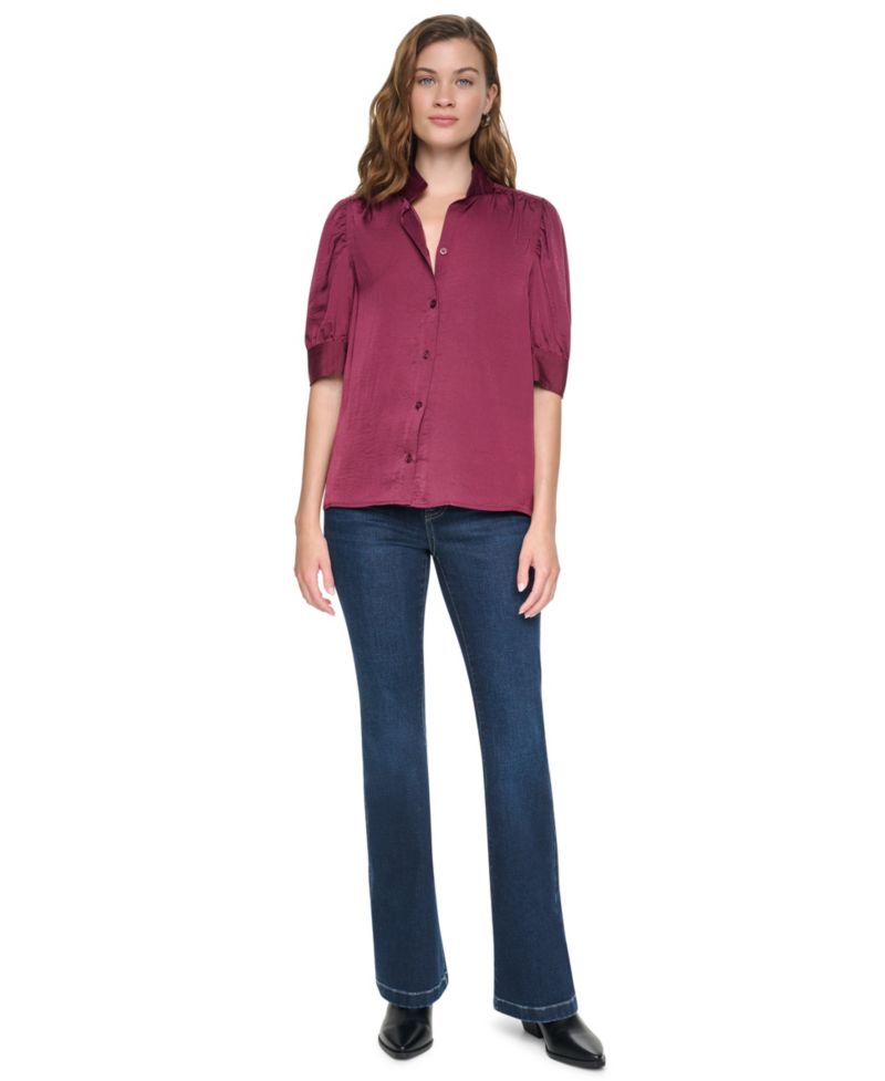 Women's Puff Sleeve Shirt With Stand Collar