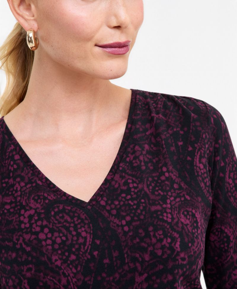 Women's 3/4-Sleeve V-Neck Printed Knit Top