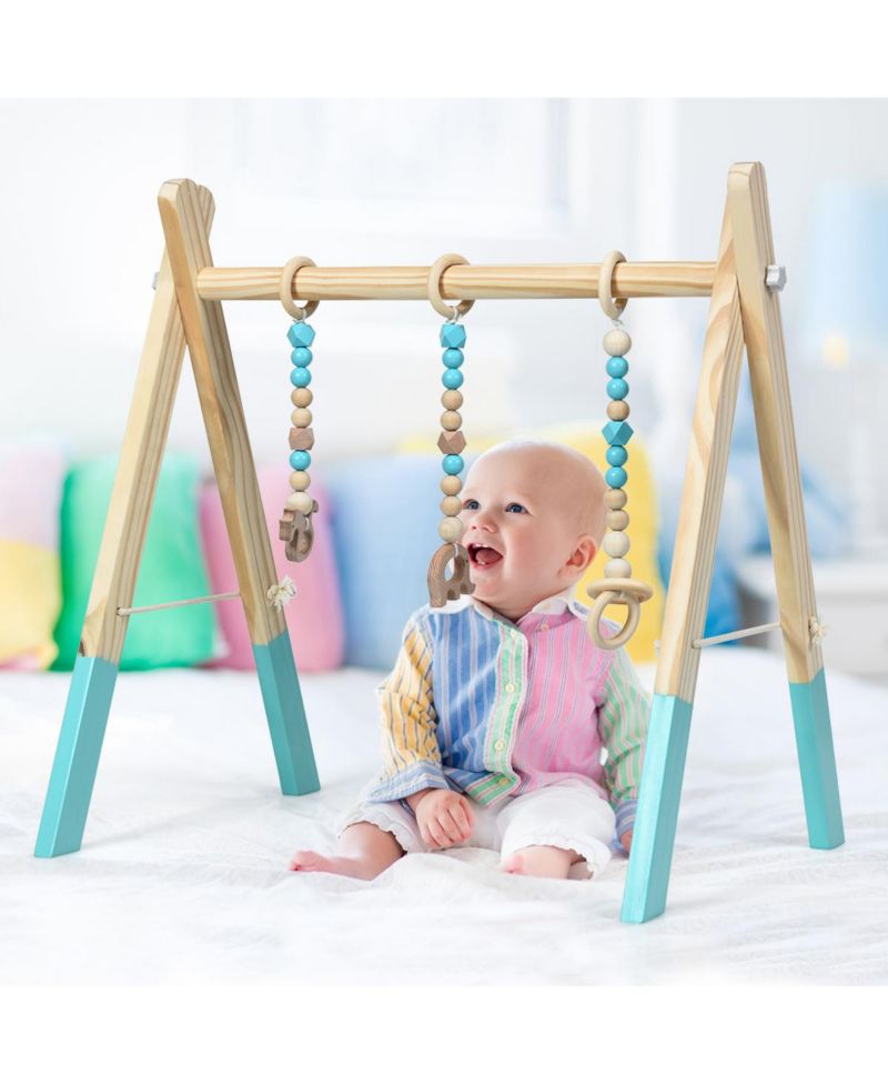 Toddler Wooden Gym with 3 Wooden Teething Toys Hanging Bar