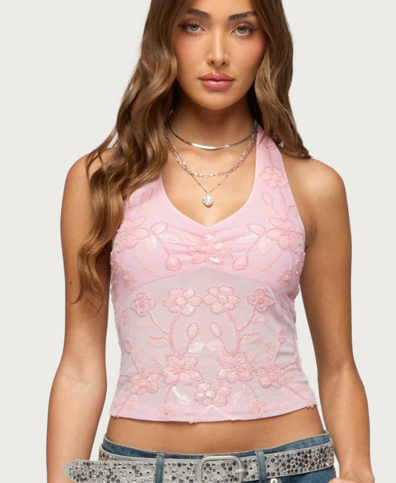 Women's Bead Sequin Sheer Mesh Halter Top