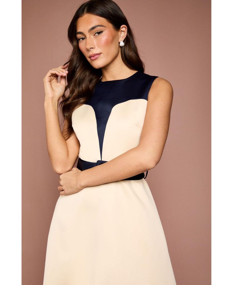 Women's Colour Block Crepe Belted Midi Dress
