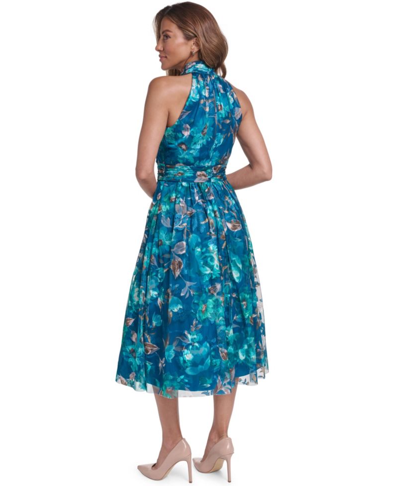 Women's Floral-Print Halter Mock Neck A-Line Midi Dress