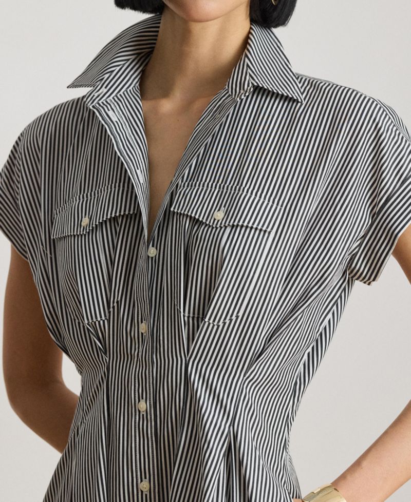 Women's Striped Pleated Broadcloth Shirt Dress