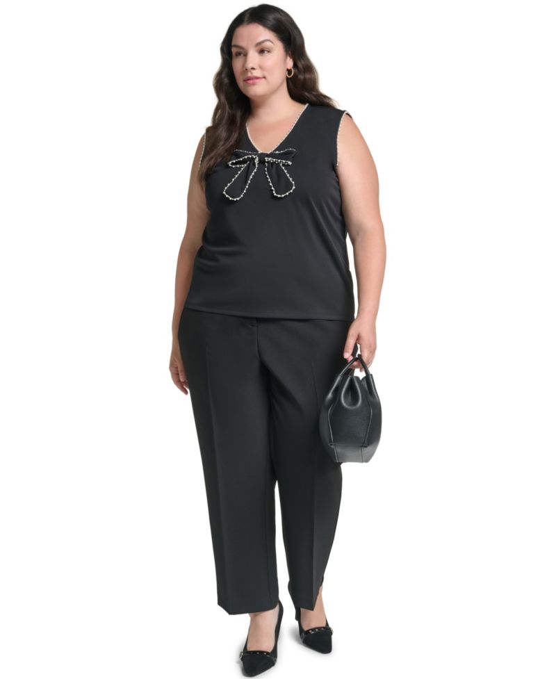 Plus Size V-Neck Sleeveless Imitation Pearl Bow Blouse