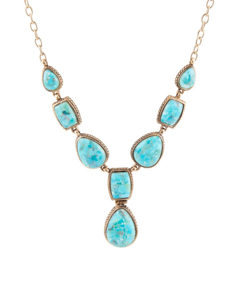Genuine Blue Turquoise Roped Golden Bronze Y Necklace
