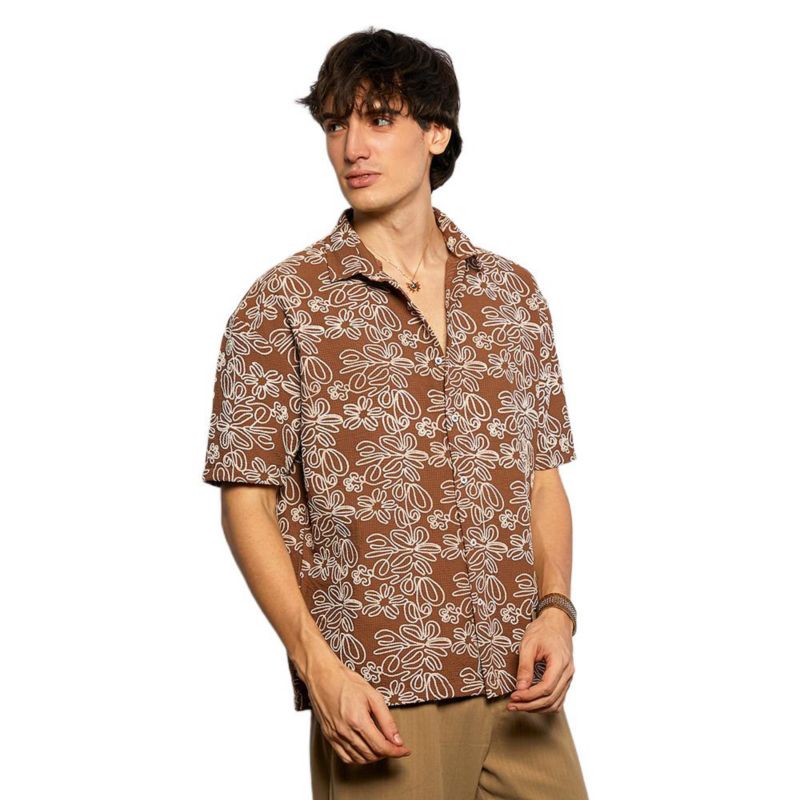 Men's Mocha Brown Floral-Lined Oversized Shirt