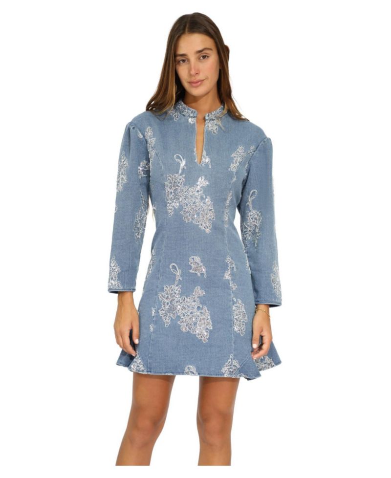 Women's Heart You Long-Sleeve Beaded Floral-Print Mini Dress