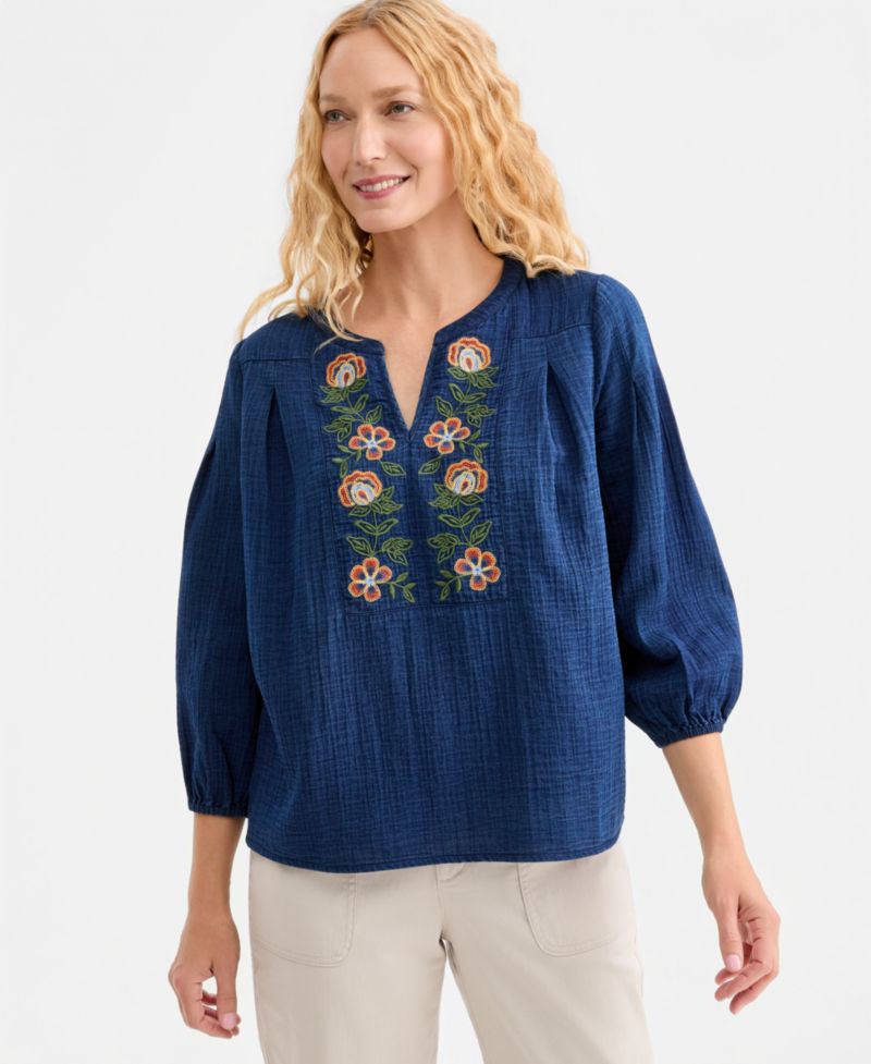 Women's Embroidered Indigo Gauze Top