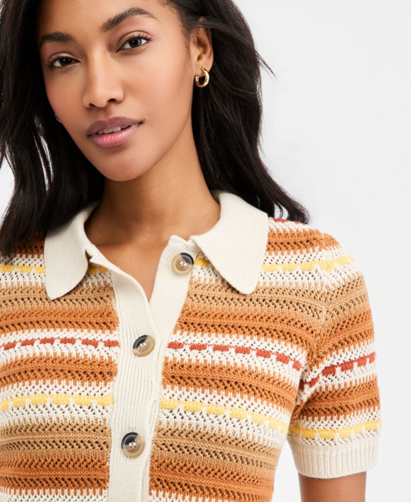 Women's Textured Stripe Short-Sleeve Collared Cardigan