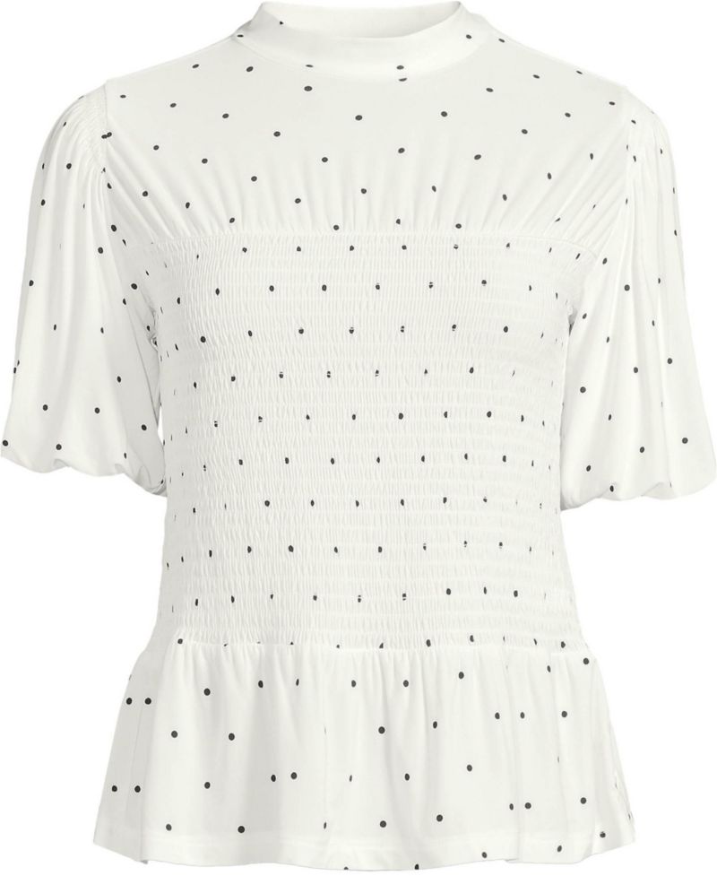 Plus Size Bubble Sleeve Silky Knit Smocked Mock Neck Top