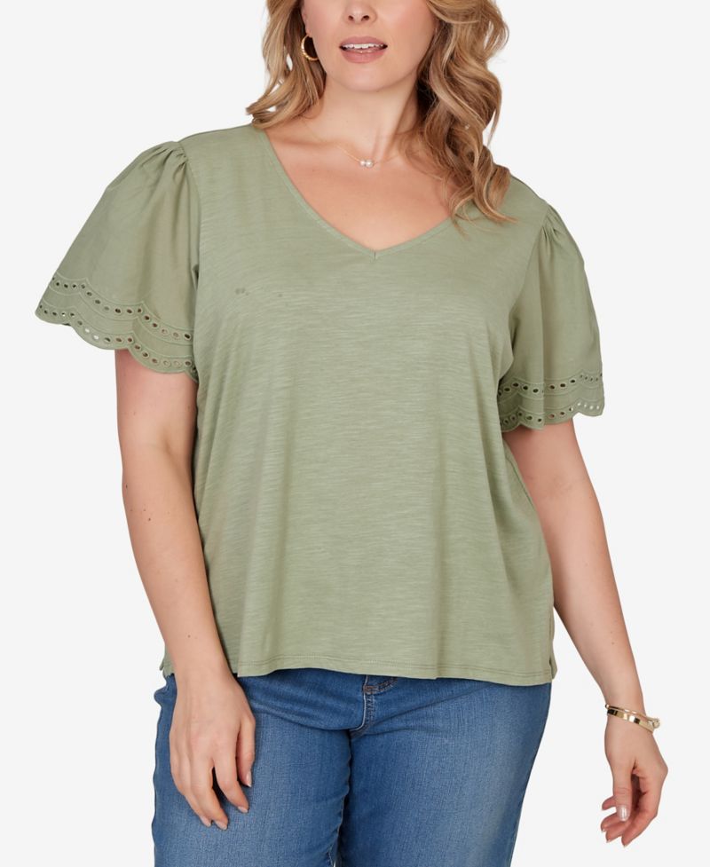 Plus Size Eyelet Poplin-Sleeve Slub Knit Top