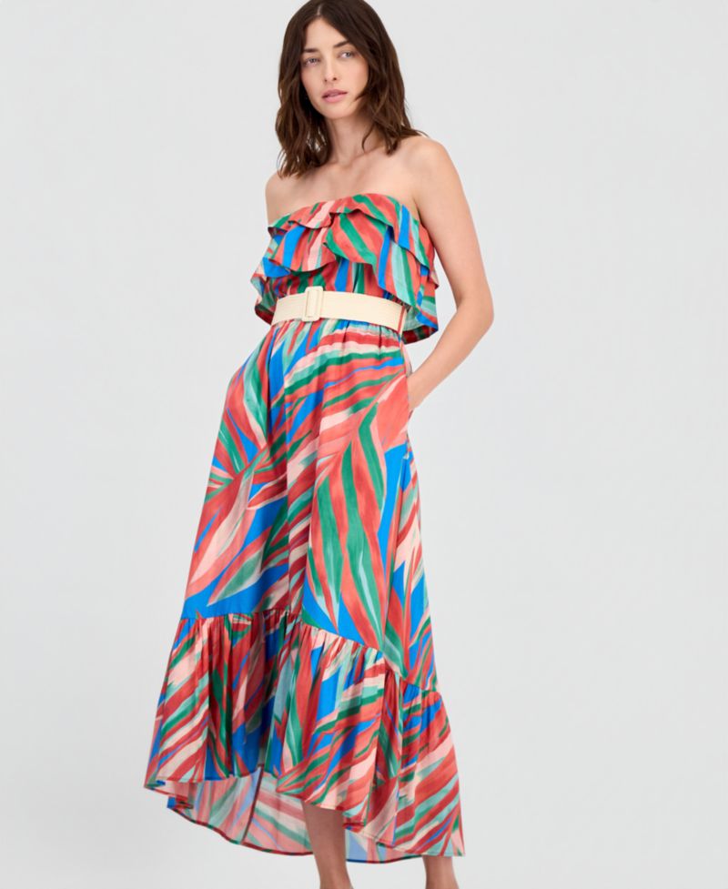 Women's Strapless Tropical Ruffled Maxi Dress