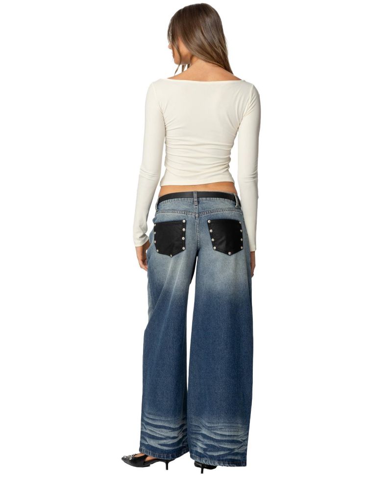 Women's Faux Leather Pocket Low Rise Baggy Jeans
