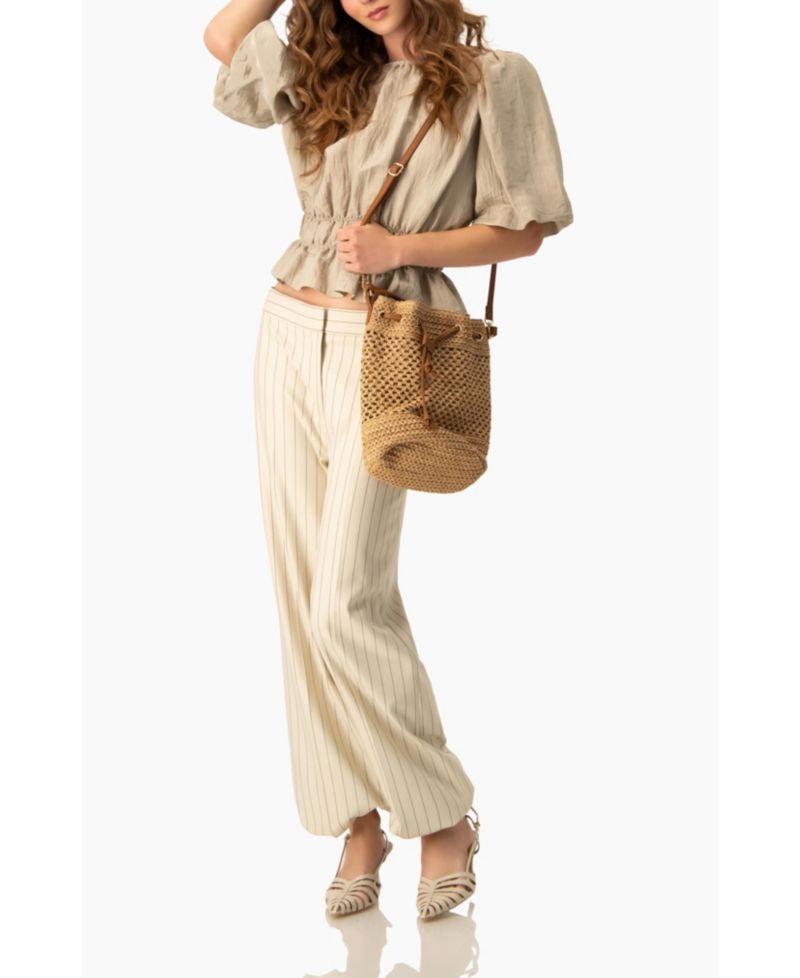 Women's Puff Sleeve Peplum, Cinched Waist Crinkle Blouse