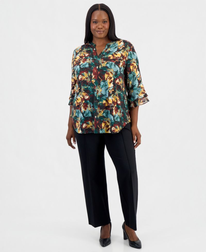 Plus Size Floral-Print Split-Neck Flutter-Sleeve Tunic