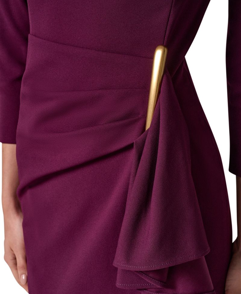 Petite Long-Sleeve Boat-Neck Side Cascade Ruffle Dress