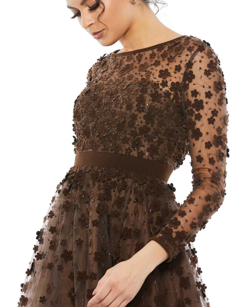 Women's Embellished Illusion High Neck Long Sleeve Fit and Flare
