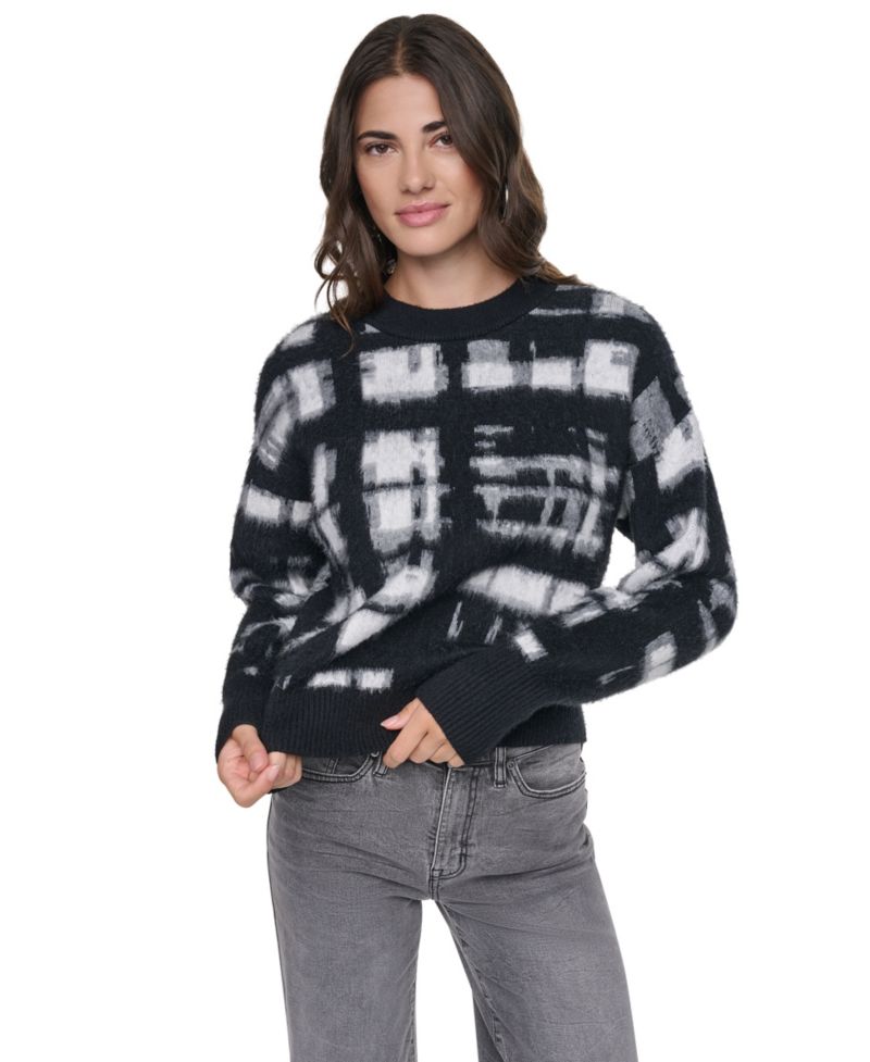 Women's Brushed-Plaid Long-Sleeve Crewneck Pullover Sweater