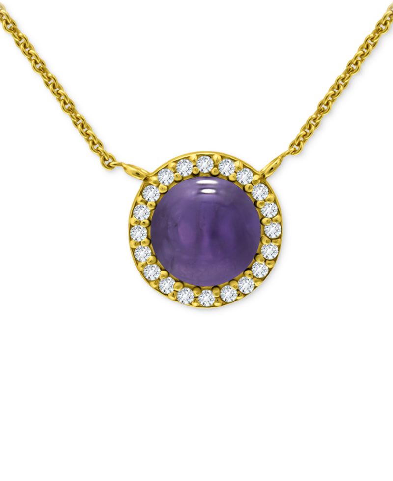 Amethyst/Gold & Cubic Zirconia Halo Pendant Necklace in 18k Gold-Plated Sterling Silver, 16" + 2" extender
